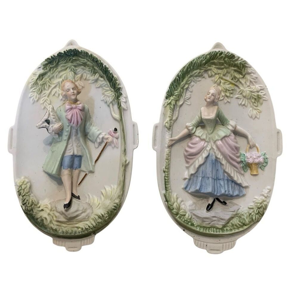 Vintage Chase Occupied Japan Wall Plaques Rococo Man & Woman Hand Painted Pair